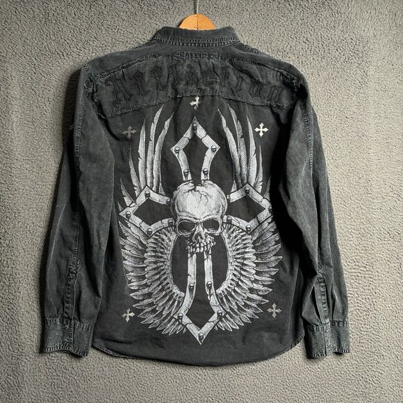 Vintage Affliction 2XL Wings Cross Embroidered Button Down Shirt Medium Y2K